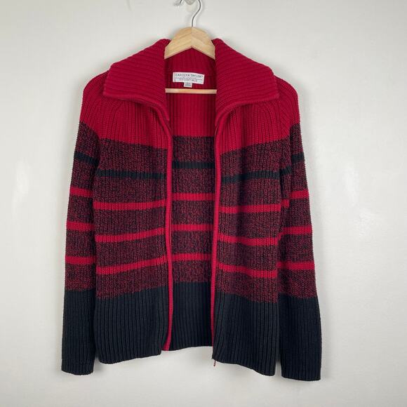 90s Vintage Carolyn Taylor Chunky Full Zip Cardigan Sweater Striped Red Black S - Picture 8 of 16